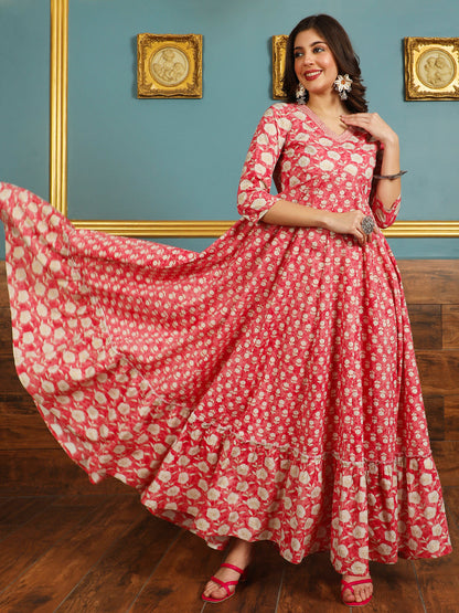 Cotton Ankle Length Printed Flared 3/4 Sleeves V-neck Kurta (Preorder)