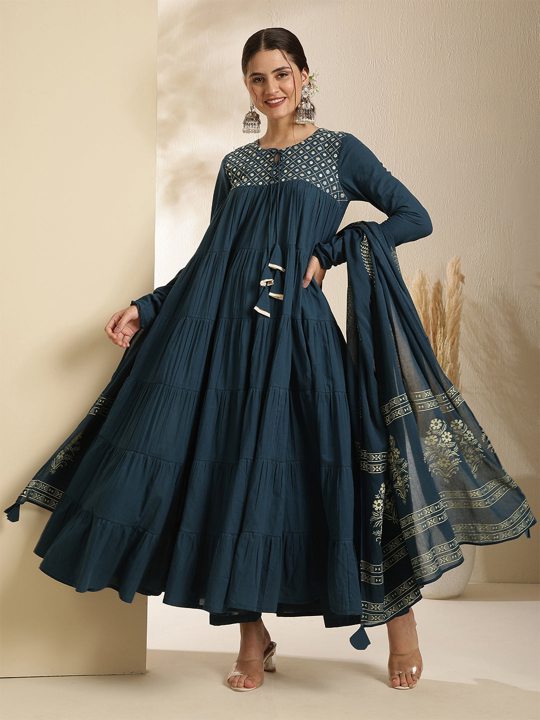 Cotton Calf Length Printed Full Sleeve Key Hole Neck Tiered Kurta Bottom With Dupatta