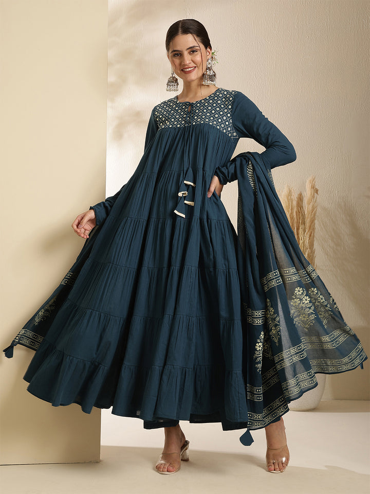 Cotton Calf Length Printed Full Sleeve Key Hole Neck Tiered Kurta Bottom With Dupatta