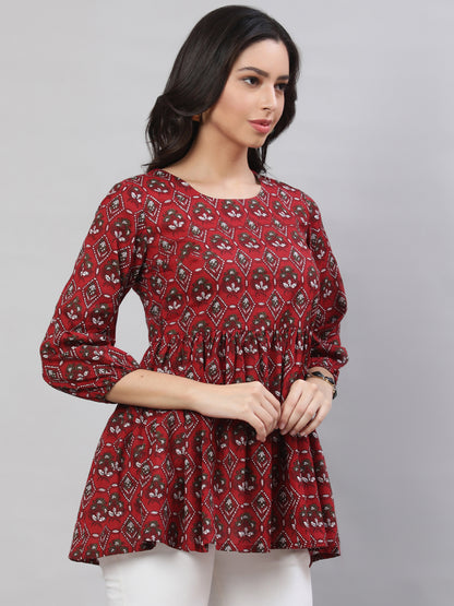 Printed 3/4 Sleeves Regular Pure Cotton  Top