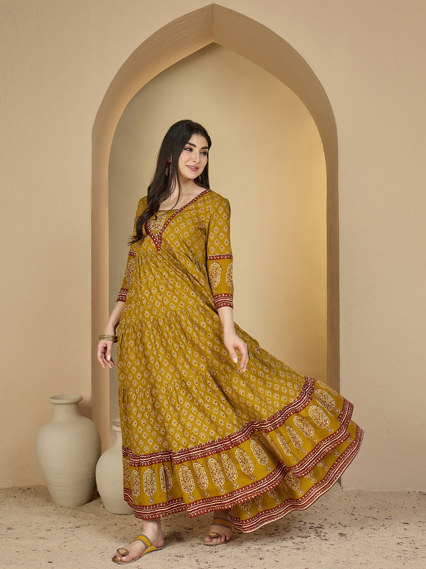 Cotton Ankle Length Printed 3/4 Sleeves V-Neck Anarkali Kurta