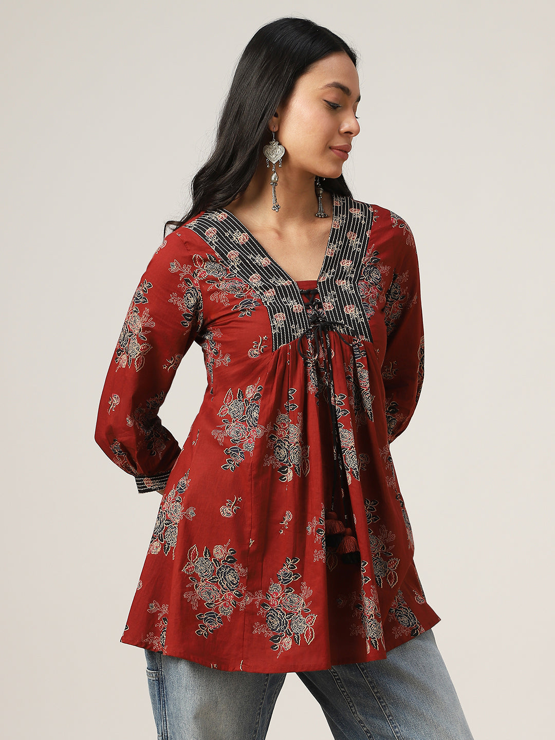 Flared Printed Cotton V-Neck Top