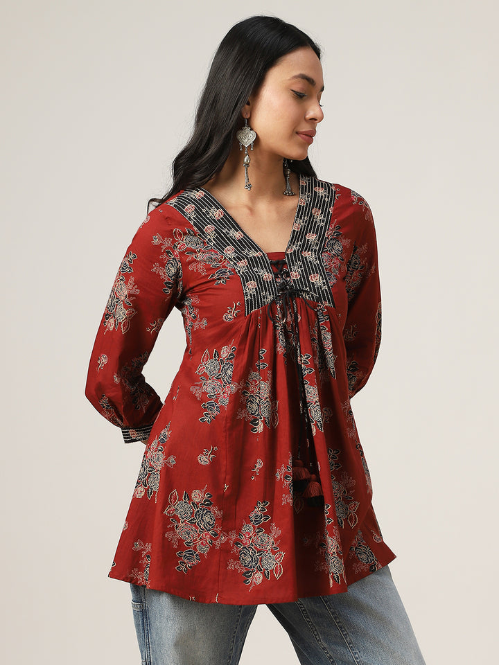 Flared Printed Cotton V-Neck Top