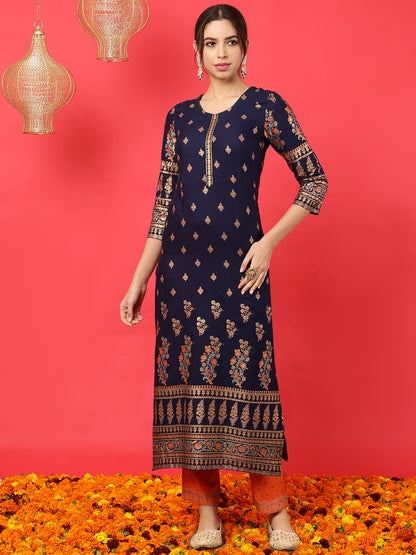 Rayon  Calf Length Printed Straight 3/4 Sleeves Round Kurta Bottom Dupatta Set