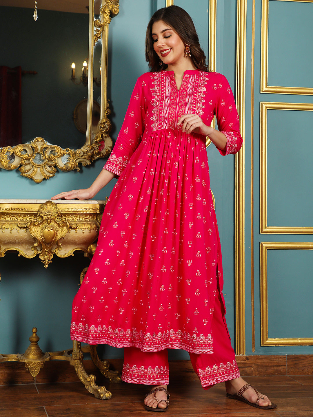 Rayon Calf Length Printed Flared 3/4 Sleeves Mandarin Neck Kurta Bottom Dupatta Set (Preorder)