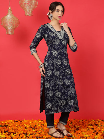 Rayon  Calf Length Printed Straight 3/4 Sleeves V-Neck Kurta Bottom Set