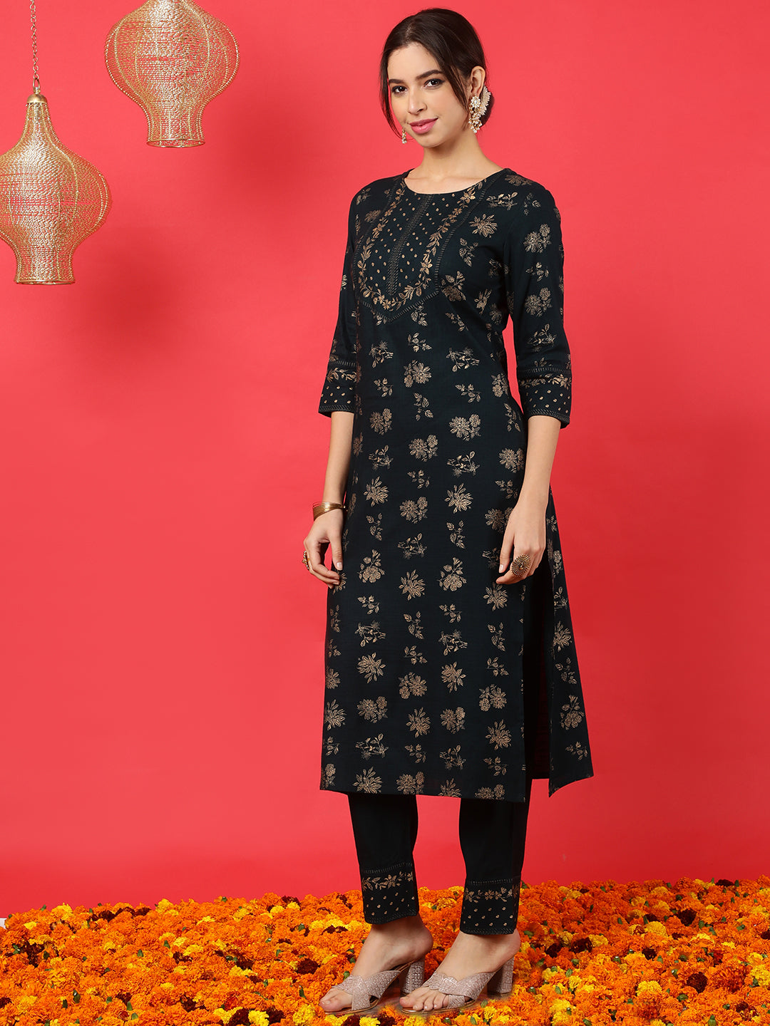 Rayon Calf Length Printed Straight 3/4 Sleeves Round Neck Kurta Bottom Dupatta Set (Preorder)