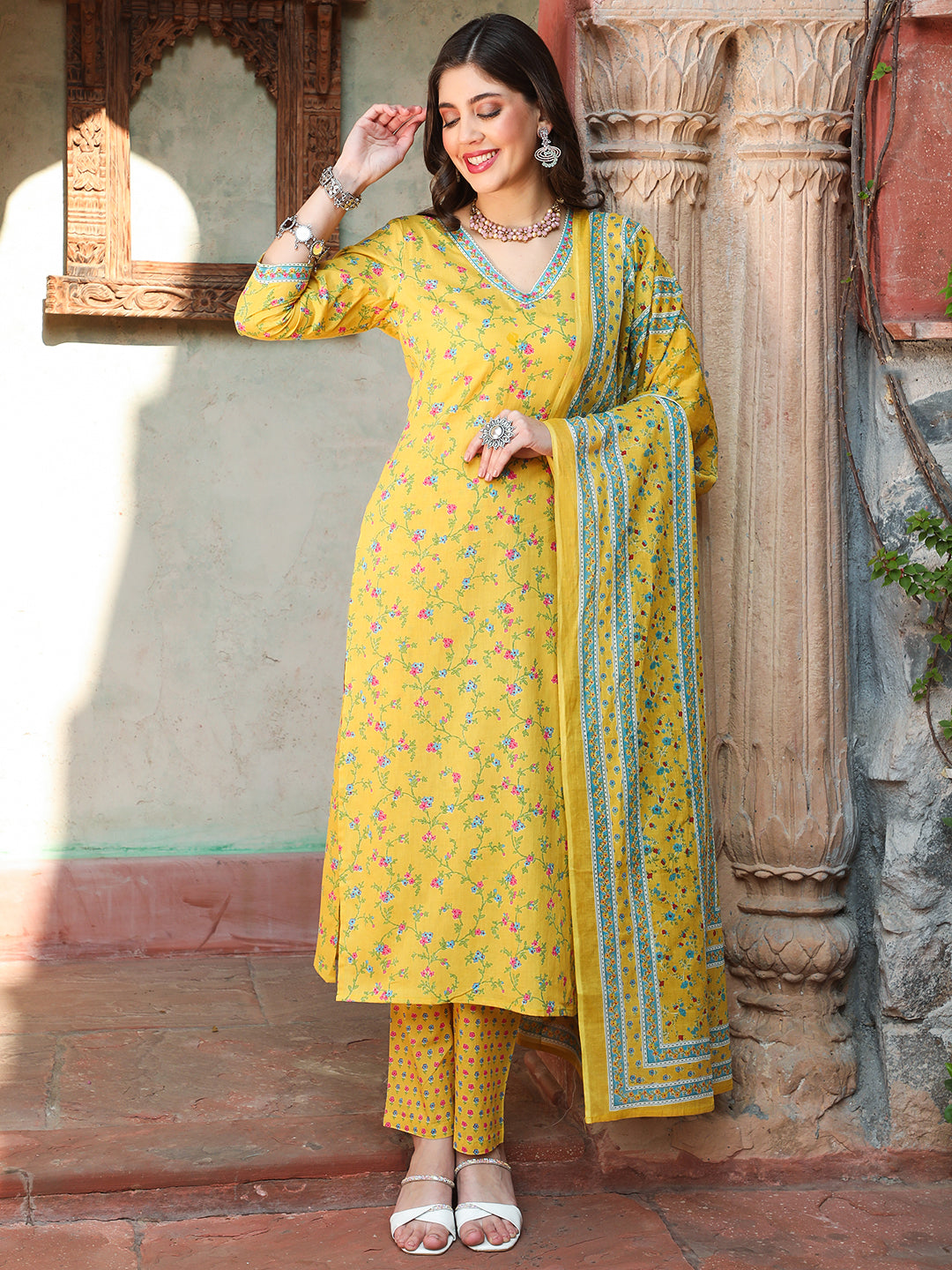 Cotton Calf Length Printed Straight 3/4 Sleeves V-neck Kurta Bottom Dupatta Set