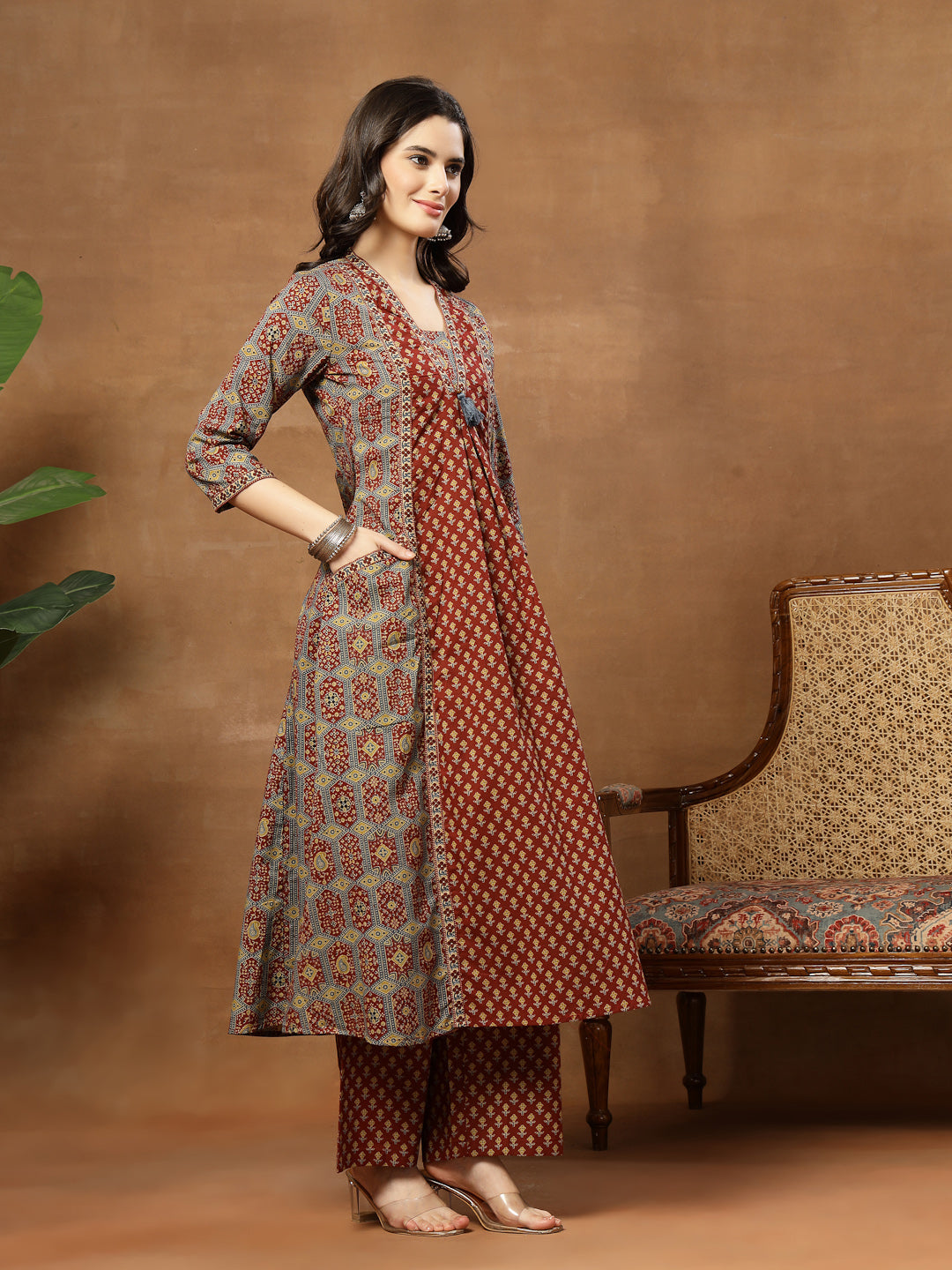 A-Line Printed Cotton V-Neck Kurta Set