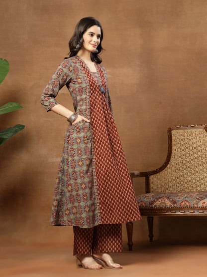 A-Line Printed Cotton V-Neck Kurta Set