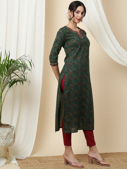 Cotton  Calf Length Printed Straight 3/4 Sleeves Round Kurta