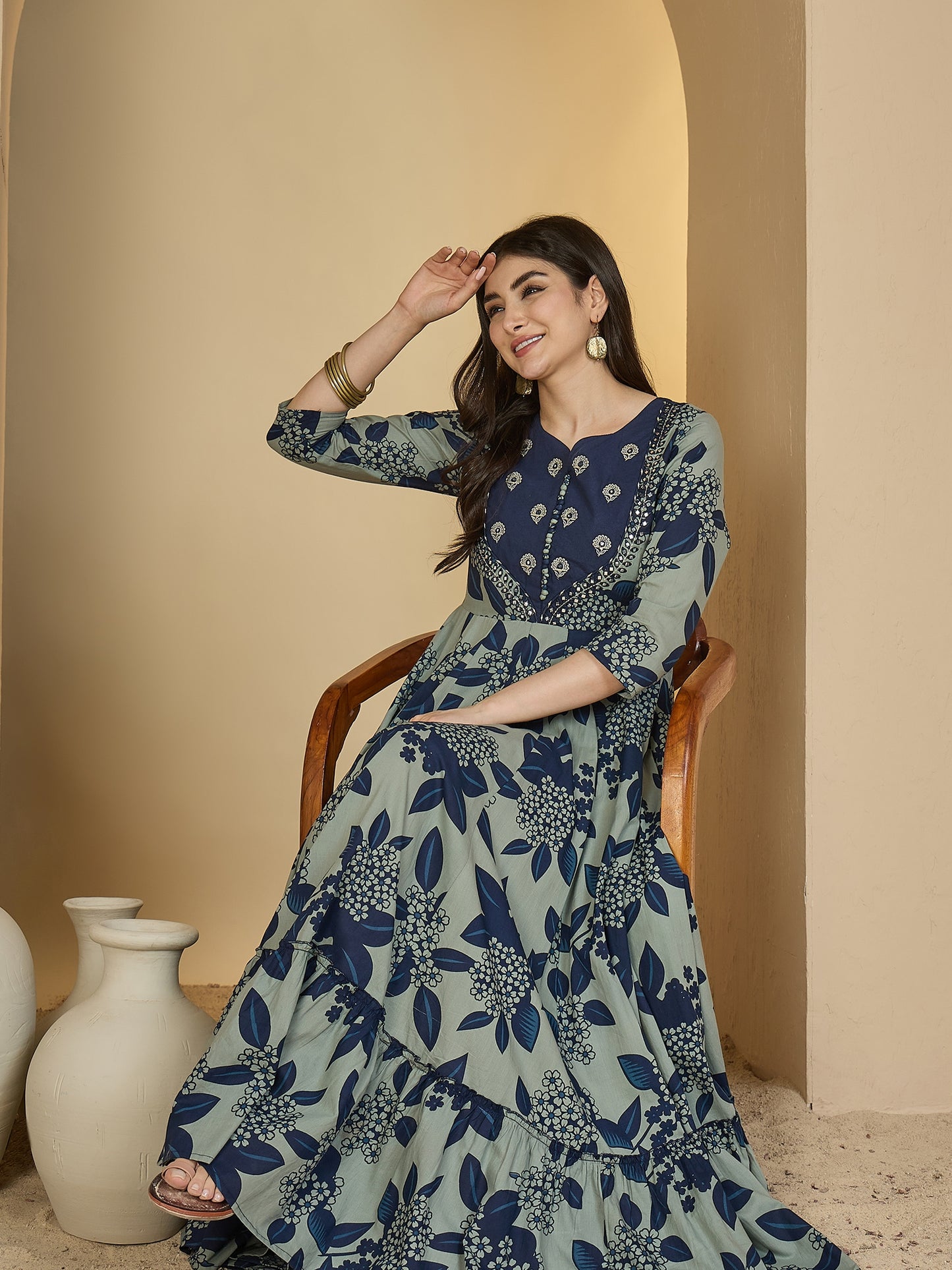 Cotton Ankle Length Printed 3/4 Sleeves Sweetheart Neck Anarkali Kurta