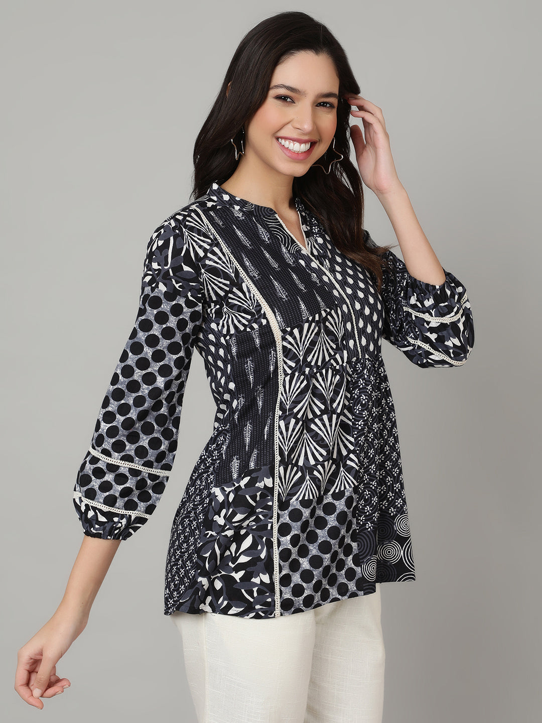 Dark Blue Printed V Neck  Top