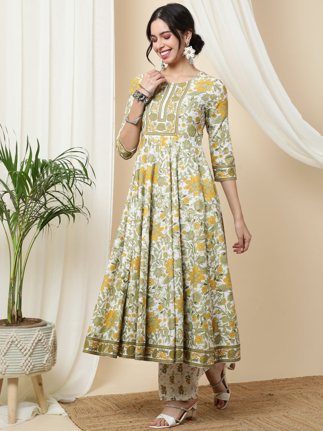 Cotton  Calf Length Printed Flared 3/4 Sleeves Round Kurta Bottom Dupatta Set
