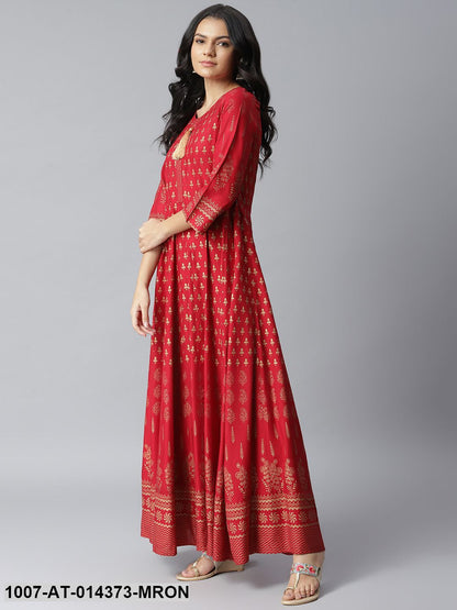 Gold Print Rayon Long Anarkali Kurta (Maroon) (Pre-Order)