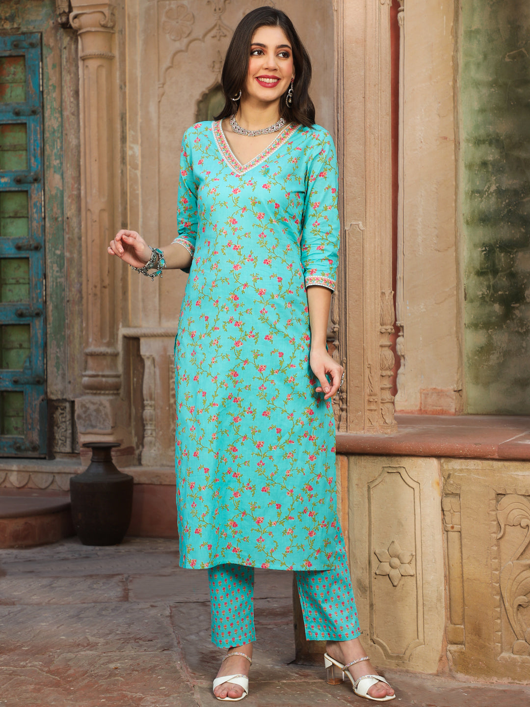 Cotton Calf Length Printed Straight 3/4 Sleeves V-neck Kurta Bottom Dupatta Set