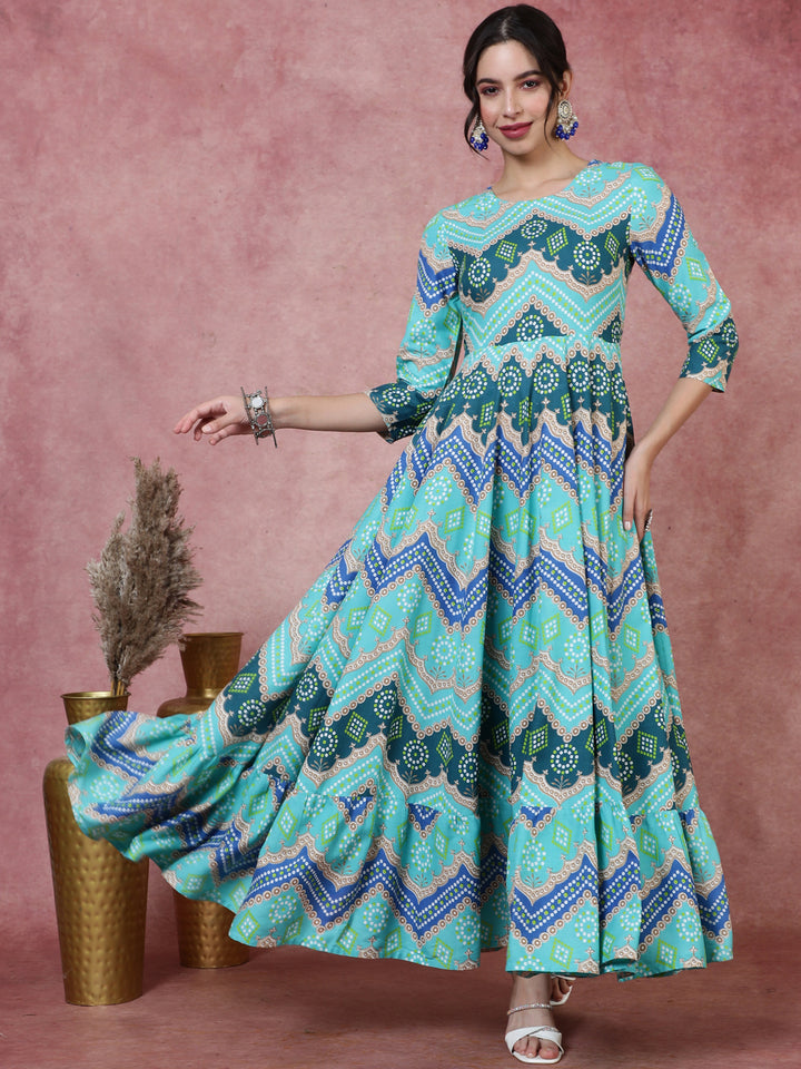 Rayon  Ankle Length Printed Flared 3/4 Sleeves Round Kurta