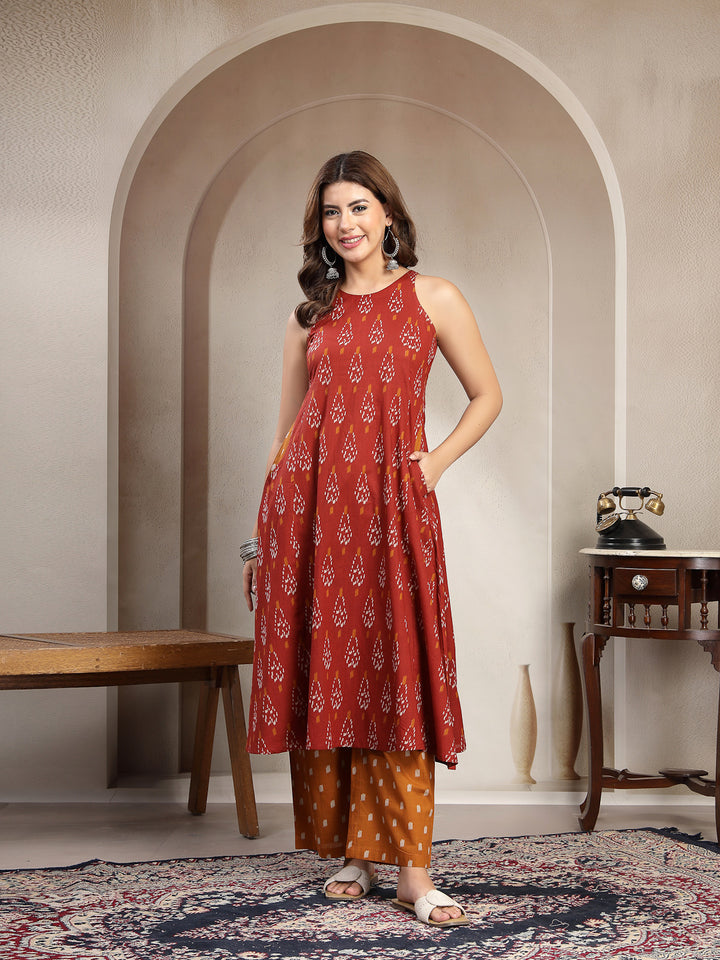 Flared Printed Cotton Round Neck Kurta Set
