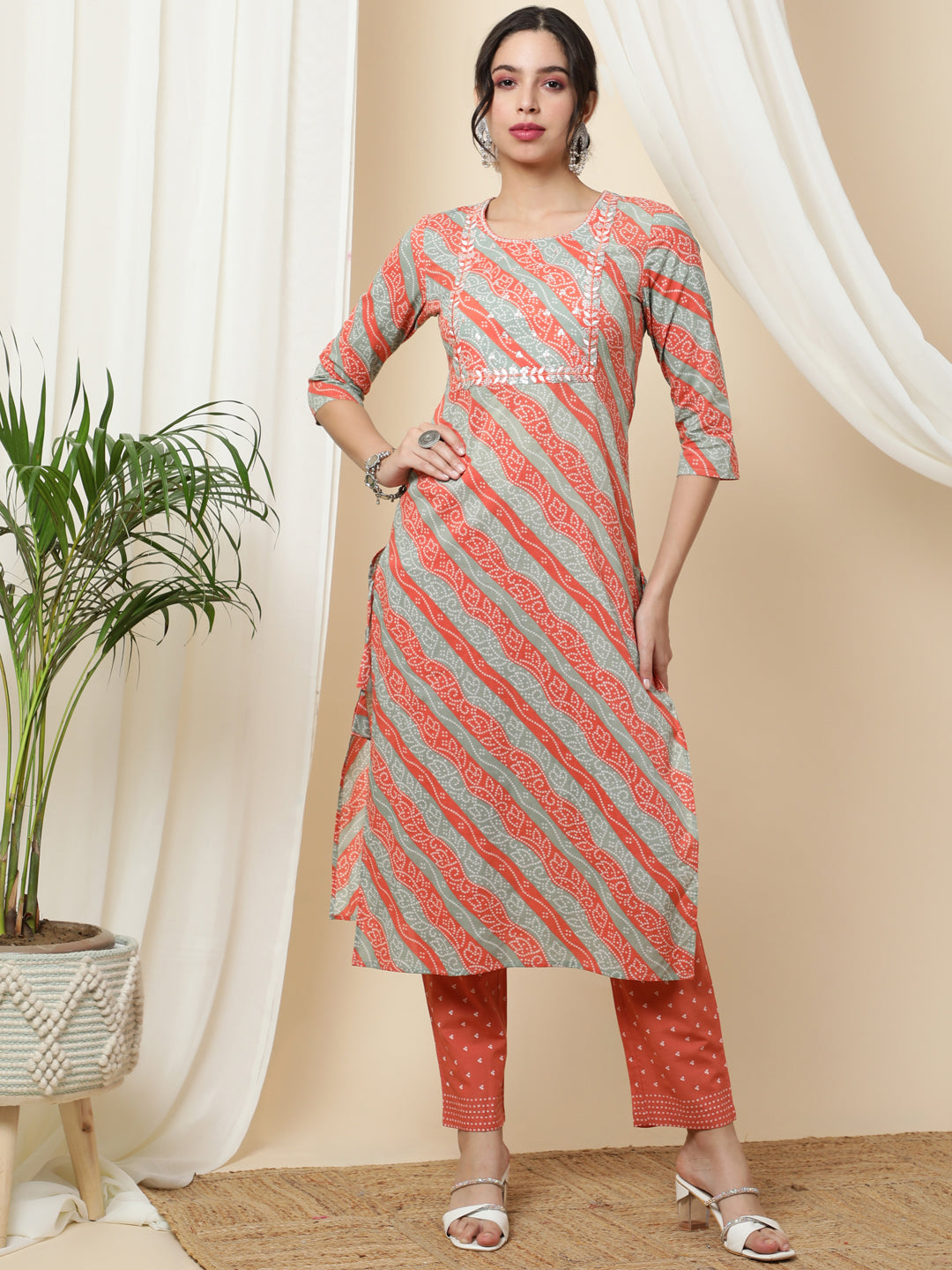 Cotton  Calf Length Printed Straight 3/4 Sleeves Round Kurta Bottom Dupatta Set