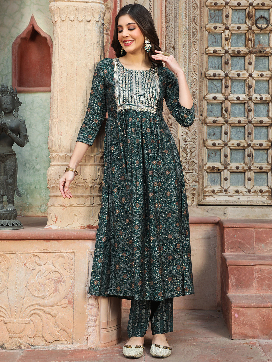 Rayon  Calf Length Printed Semi-Flared 3/4 Sleeves Round Kurta Bottom Dupatta Set