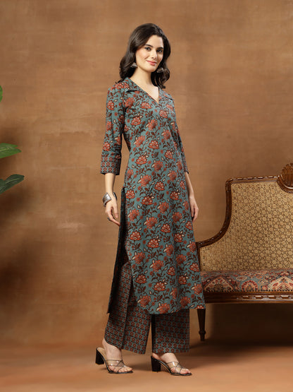 Straight Printed Cotton Shirt Collar Kurta Set