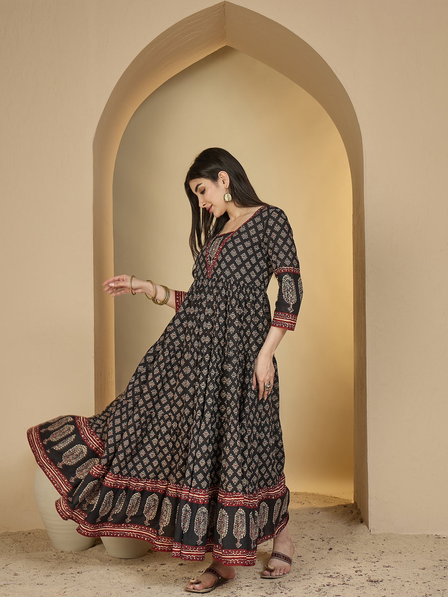 Cotton Ankle Length Printed 3/4 Sleeves V-Neck Anarkali Kurta