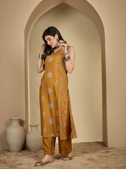 Rayon Calf Length Printed Sleeveless V-Neck A-Line Kurta Suit Set