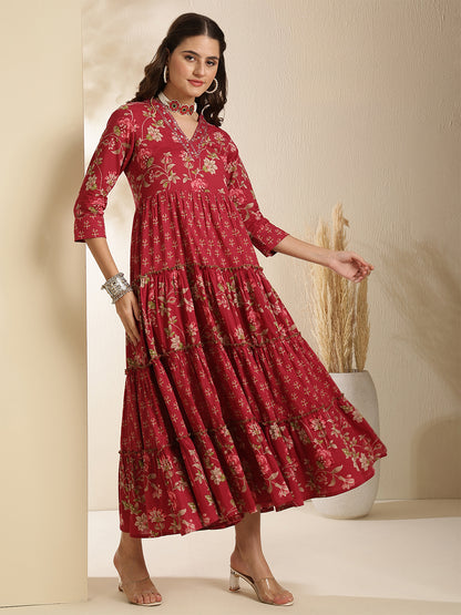Cotton Calf Length Printed 3/4 Sleeve V-Neck Anarkali Kurta