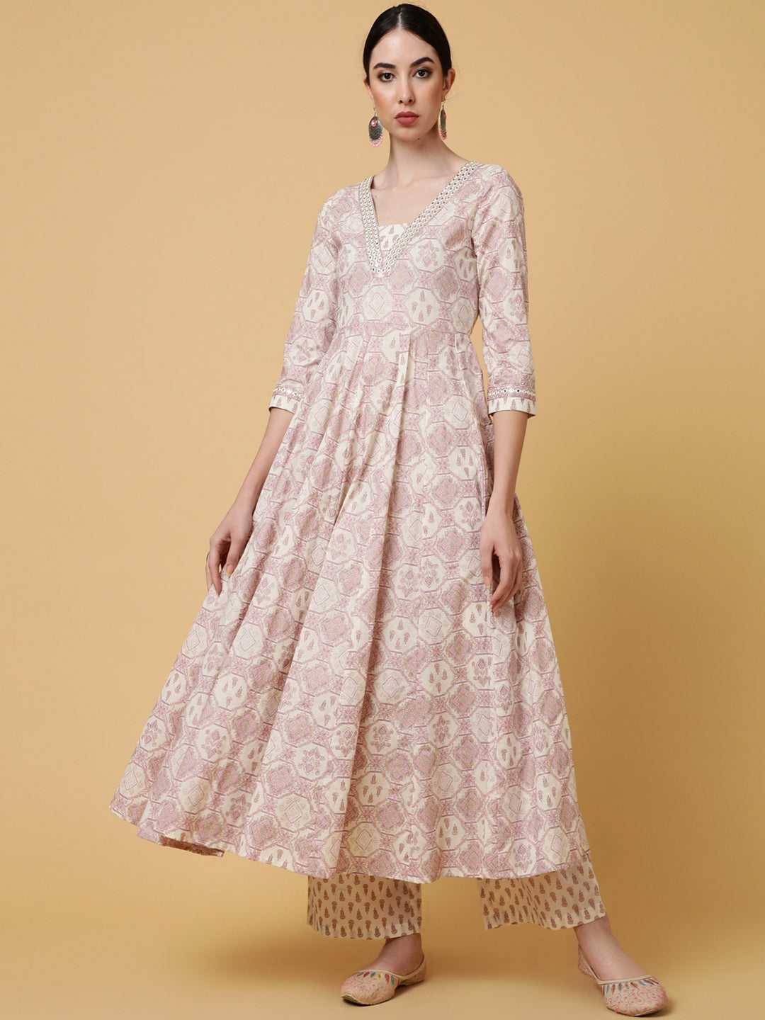 Cotton Calf Length Printed Flared 3/4 Sleeves V-Neck Kurta Bottom Dupatta Set