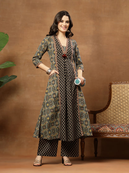 A-Line Printed Cotton V-Neck Kurta Set