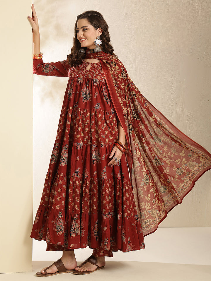 Cotton Calf Length Printed 3/4 Sleeve Key Hole Neck Tiered Kurta Bottom With Dupatta