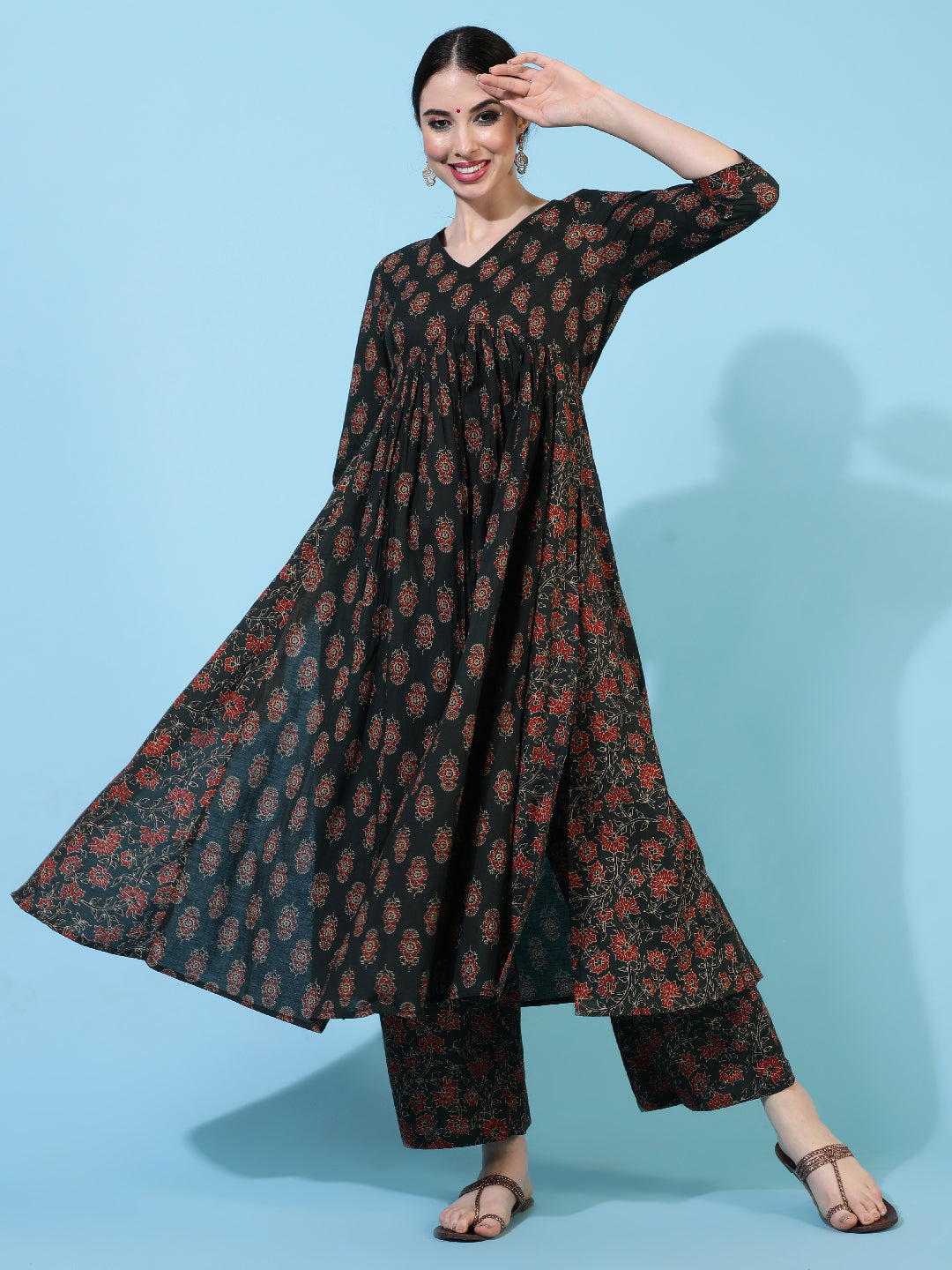 Cotton Calf Length Printed Flared 3/4 Sleeves V-Neck Kurta Bottom Dupatta Set