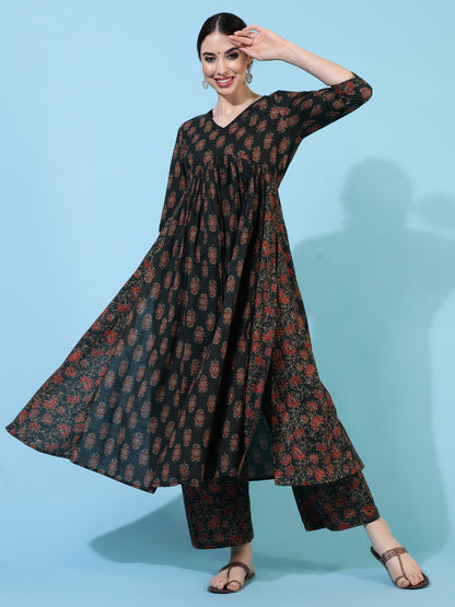 Cotton Calf Length Printed Flared 3/4 Sleeves V-Neck Kurta Bottom Dupatta Set