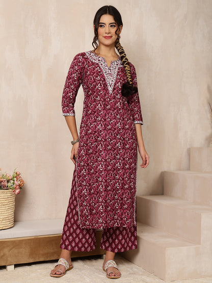 Cotton Calf Length Printed Straight 3/4 Sleeves V-Neck Kurta Bottom Dupatta Set