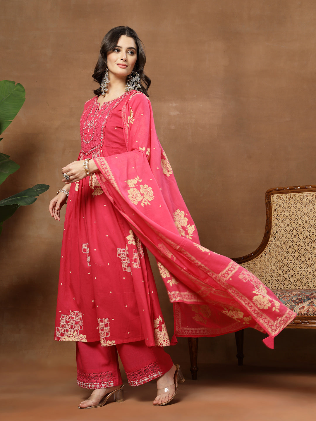 Flared Printed Cotton Round Neck Kurta Set With Dupatta