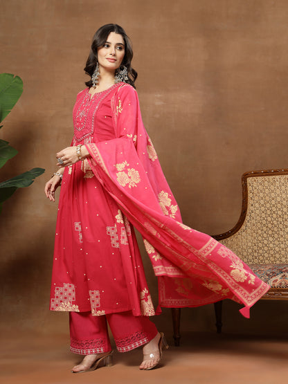 Flared Printed Cotton Round Neck Kurta Set With Dupatta