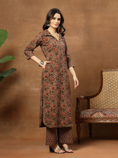 Straight Printed Cotton Shirt Collar Kurta Set
