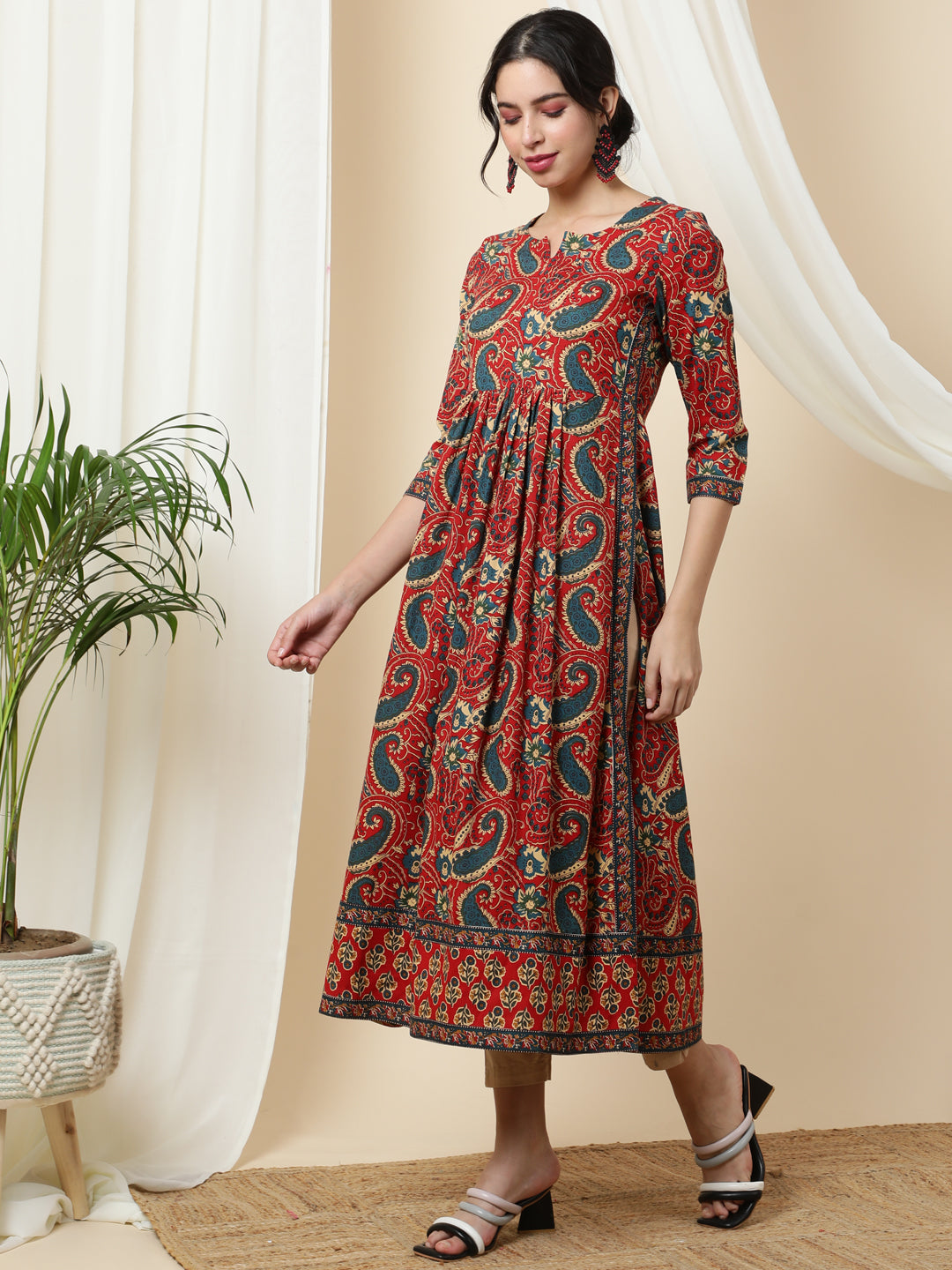 Rayon  Calf Length Printed Semi-Flared 3/4 Sleeves Round Kurta