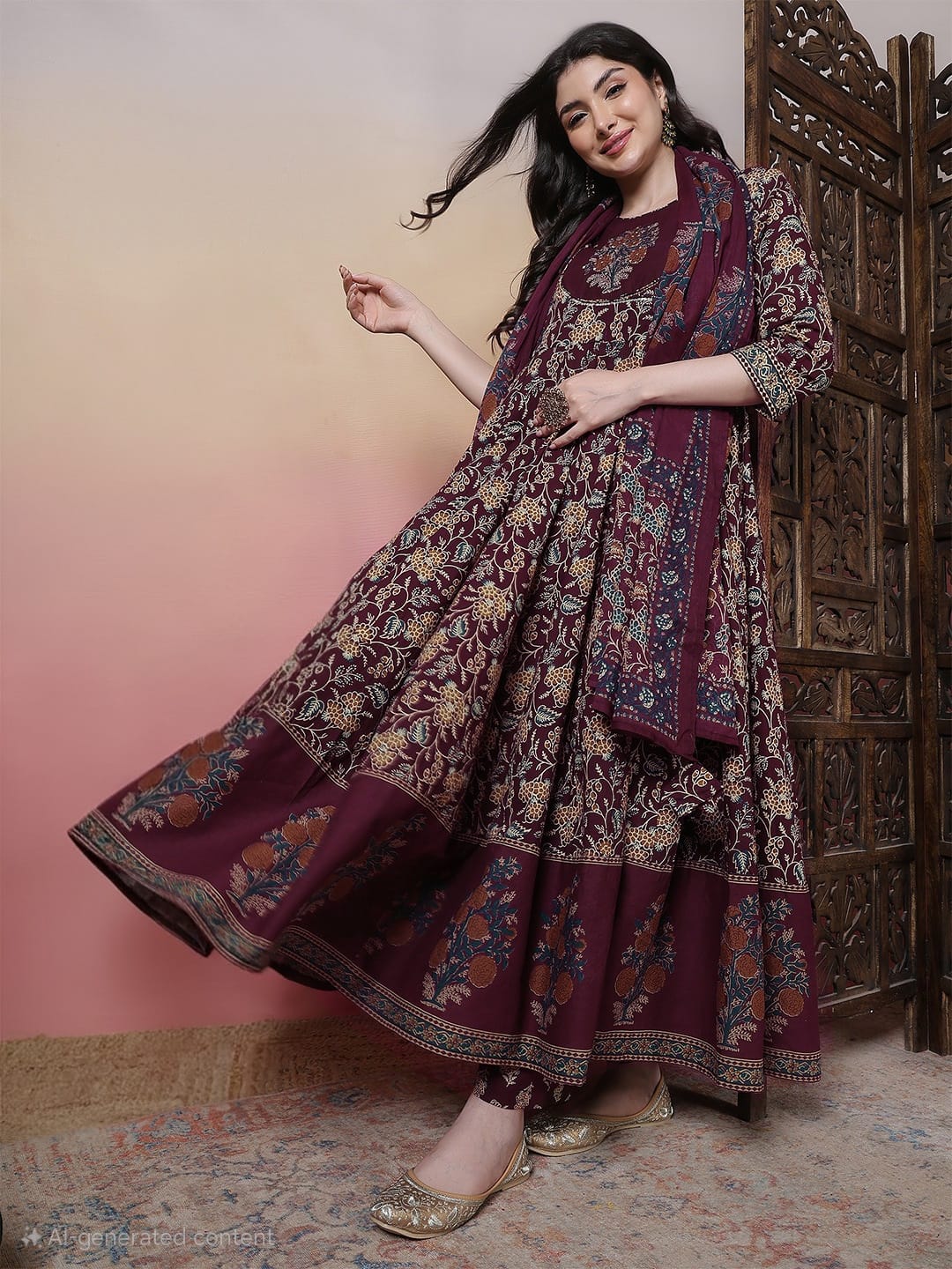 Cotton Calf Length Printed 3/4 Sleeves Round Neck Anarkali Kurta Bottom With Dupatta