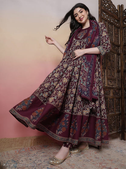 Cotton Calf Length Printed 3/4 Sleeves Round Neck Anarkali Kurta Bottom With Dupatta