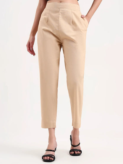 Beige Woven Cotton Flex Trousers Slim Fit Regular Pant