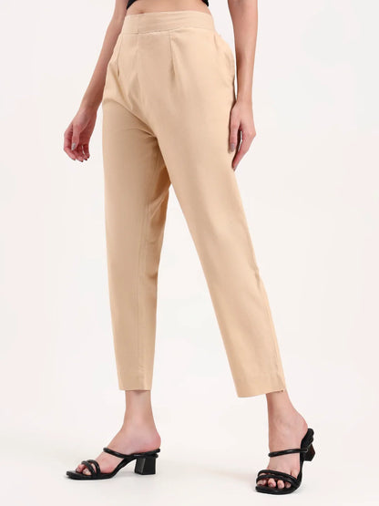 Beige Woven Cotton Flex Trousers Slim Fit Regular Pant