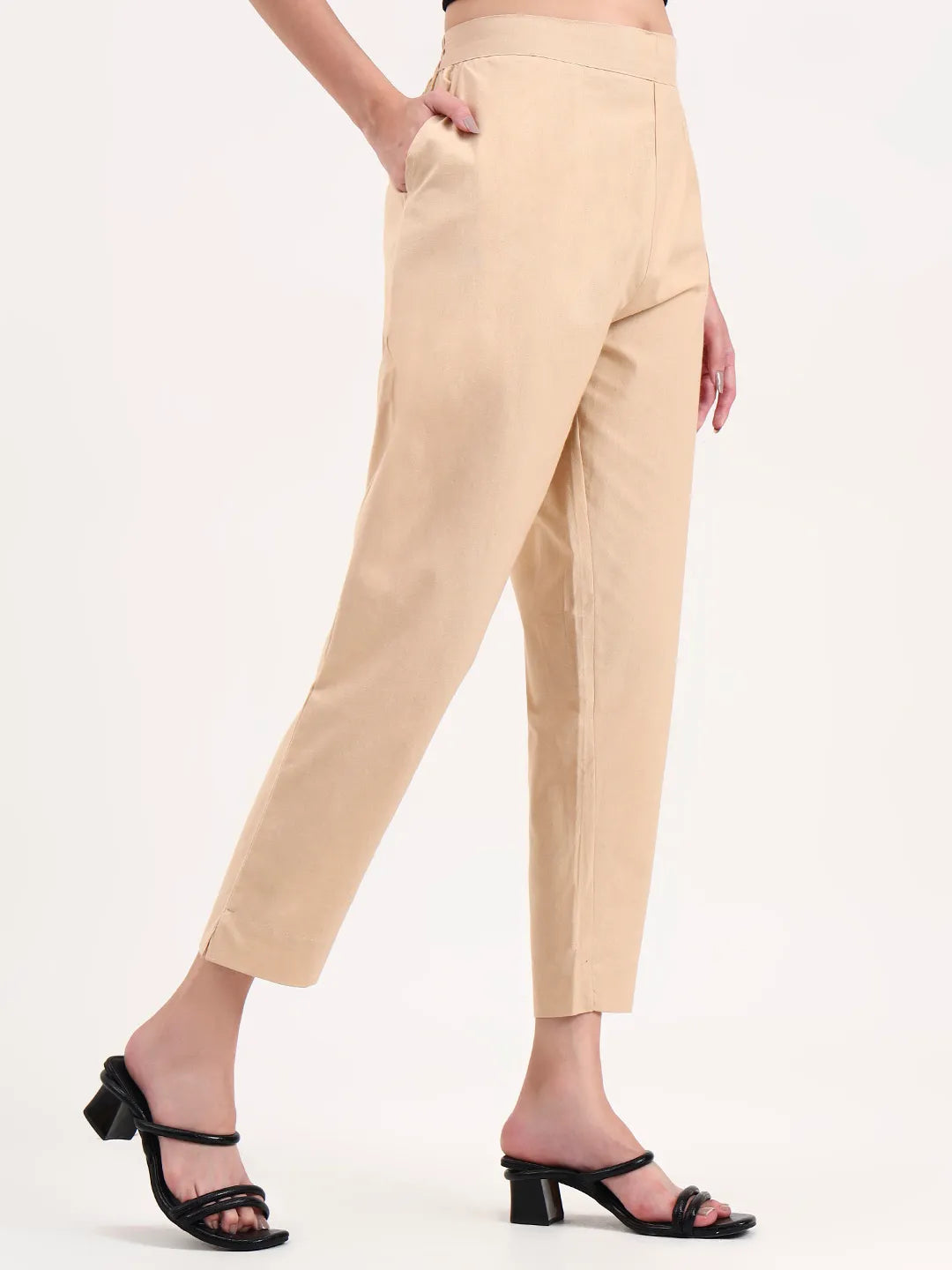 Beige Woven Cotton Flex Trousers Slim Fit Regular Pant