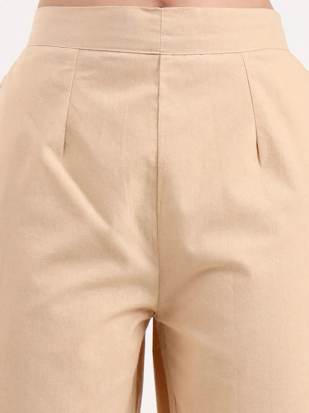 Beige Woven Cotton Flex Trousers Slim Fit Regular Pant