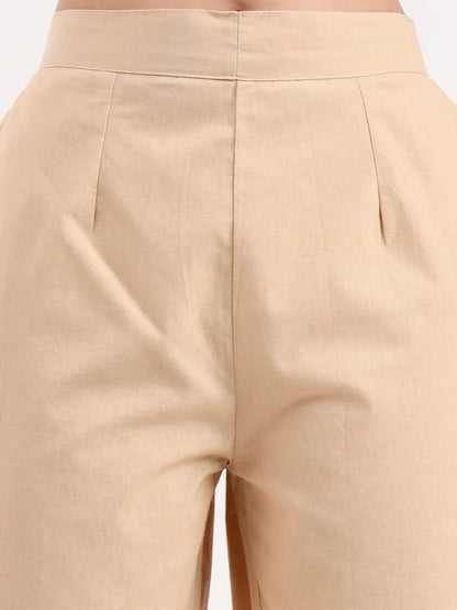 Beige Woven Cotton Flex Trousers Slim Fit Regular Pant