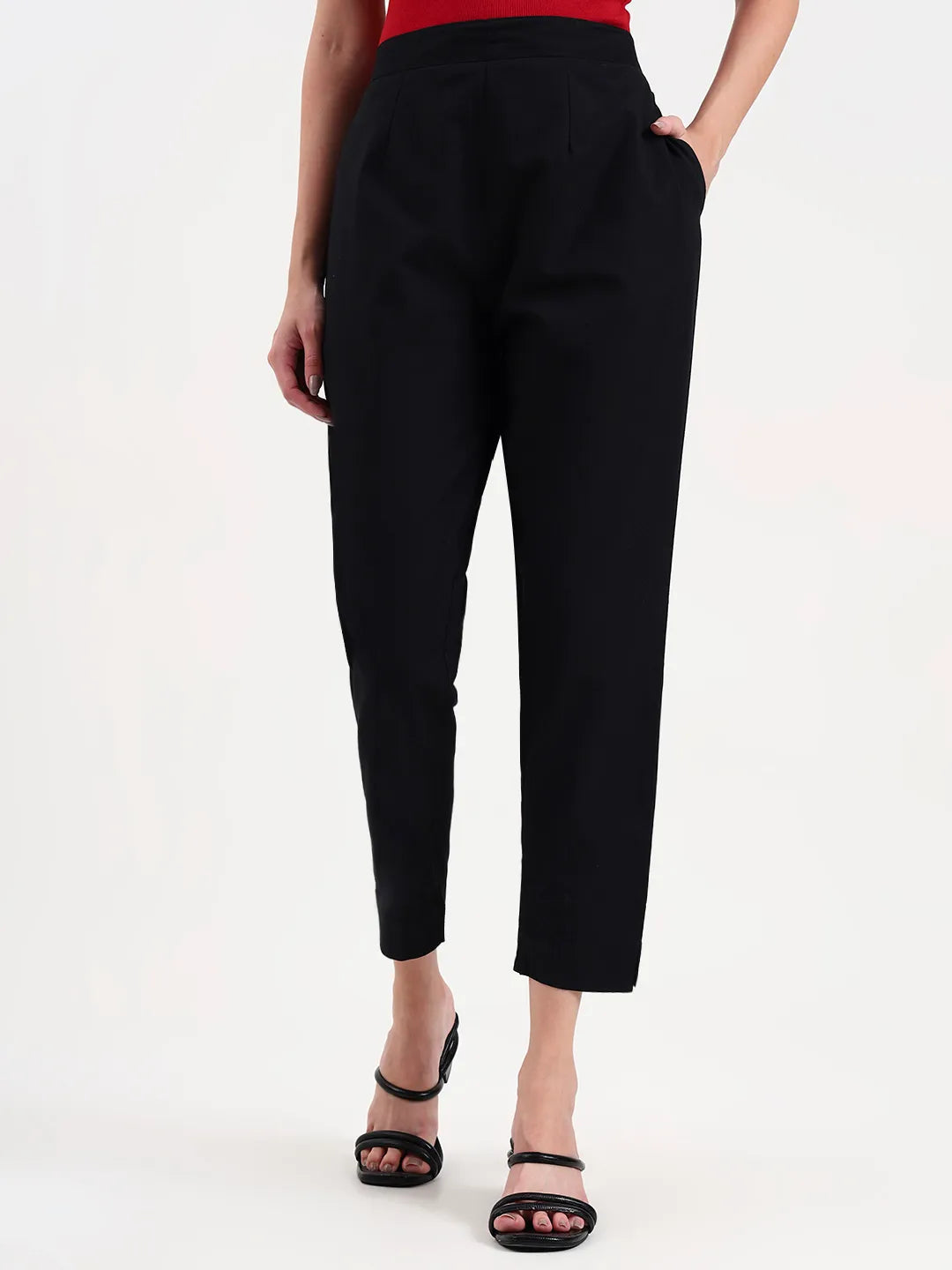 Black Woven Cotton Flex Trousers Slim Fit Regular Pant