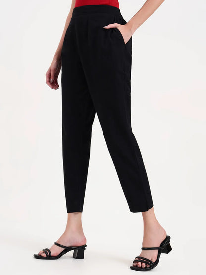 Black Woven Cotton Flex Trousers Slim Fit Regular Pant