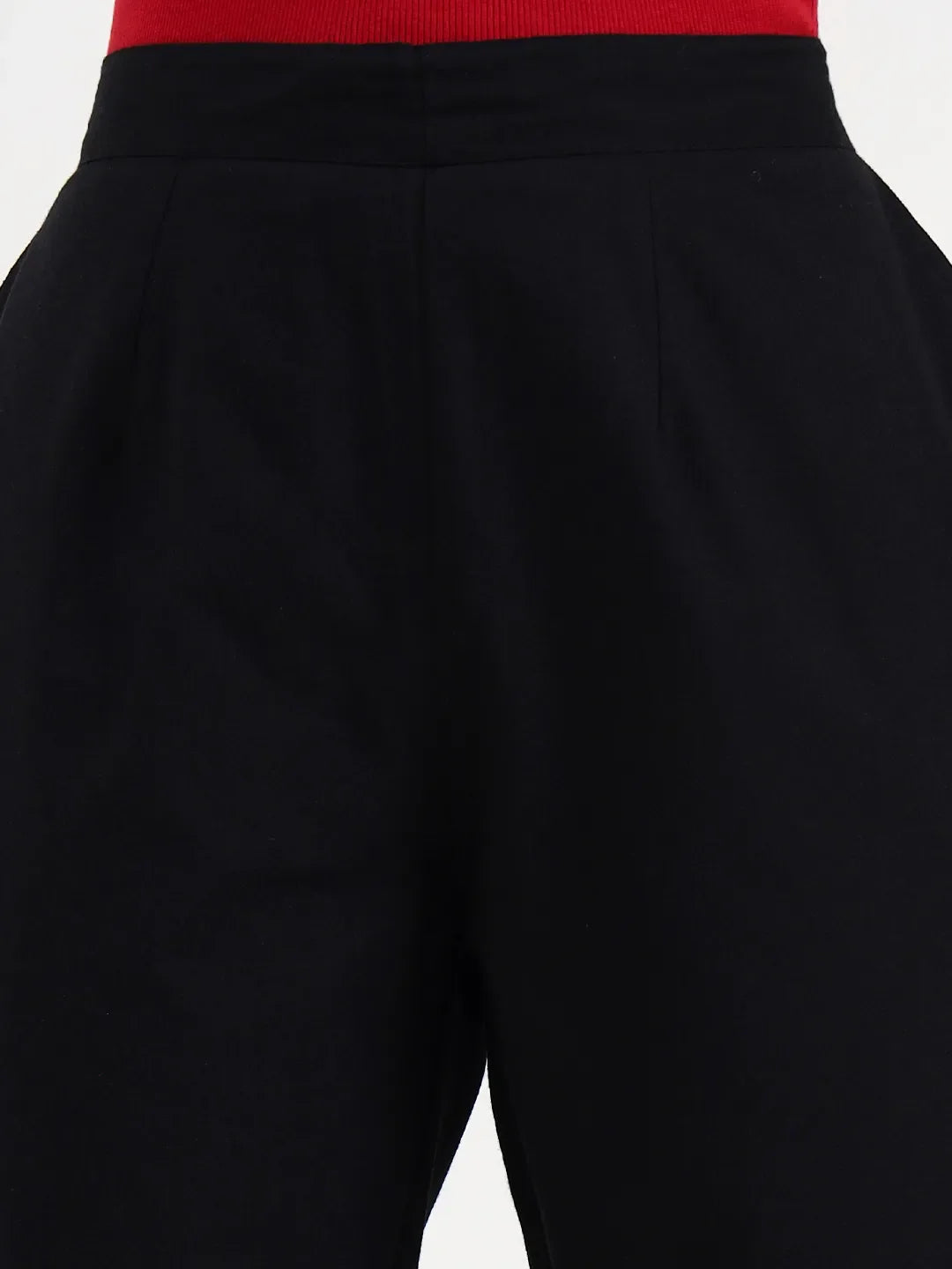 Black Woven Cotton Flex Trousers Slim Fit Regular Pant