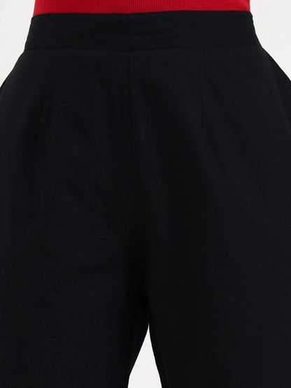 Black Woven Cotton Flex Trousers Slim Fit Regular Pant