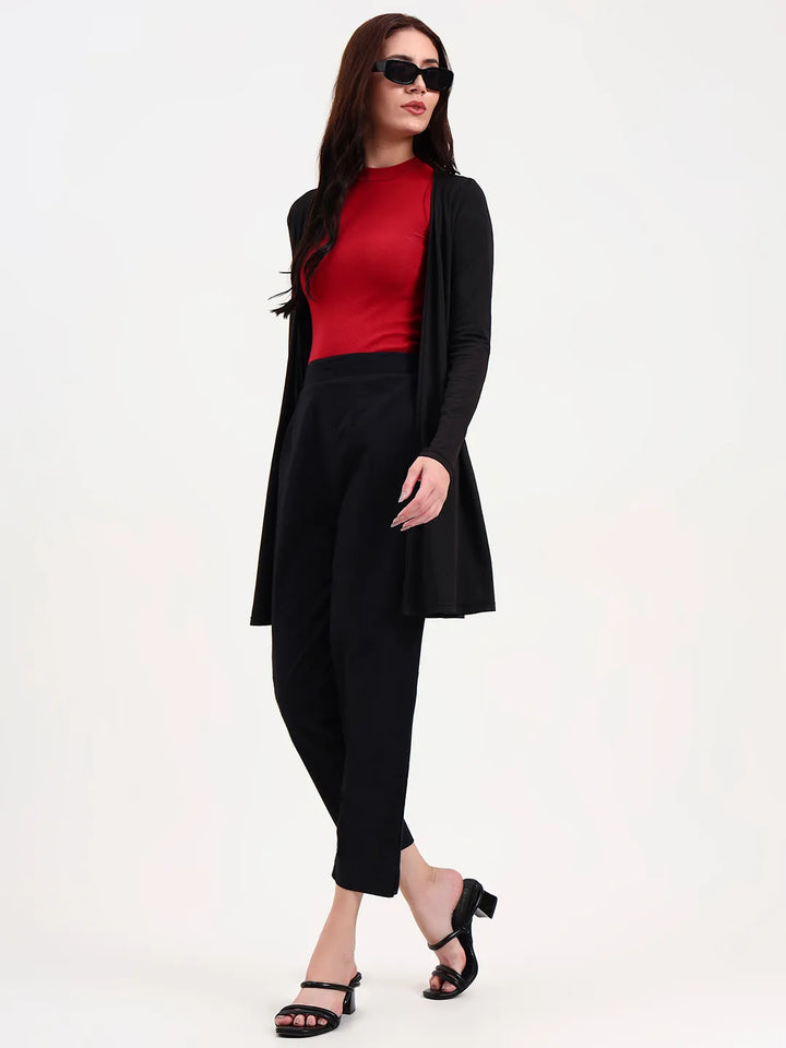 Black Woven Cotton Flex Trousers Slim Fit Regular Pant